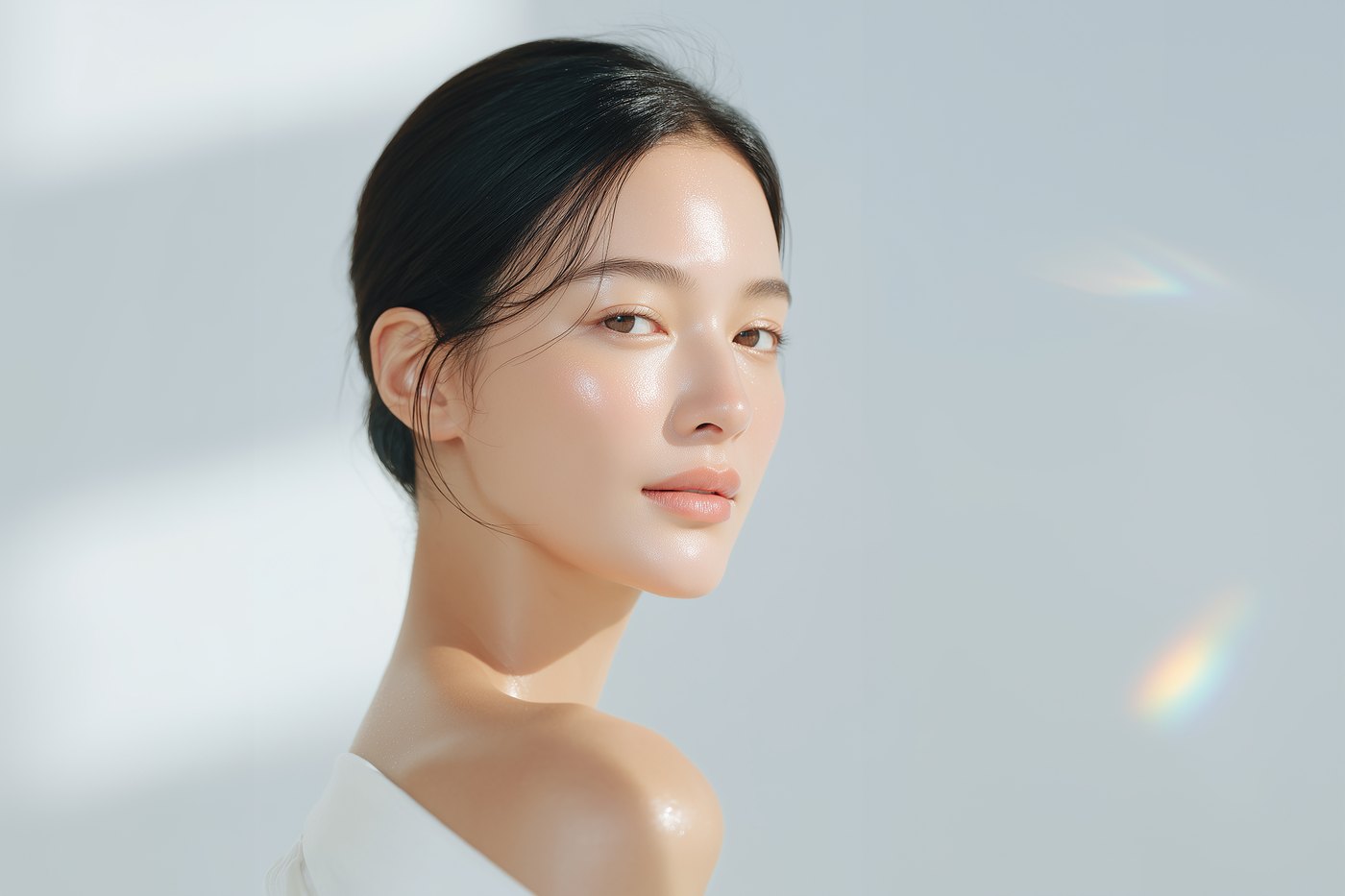 AI로 생성한 뷰티 브랜드 모델 컷. 밝은 회색 배경에 인물이 측면으로 서 있고 오른쪽에 카피를 넣을 여백이 있습니다.
