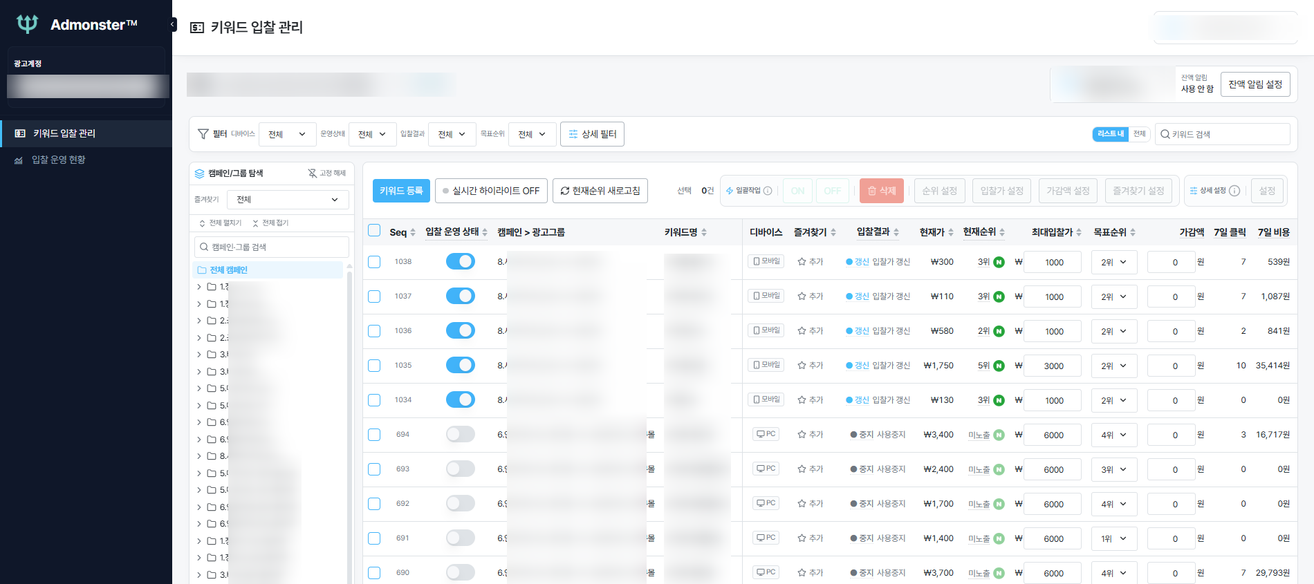 ADMonster 키워드 입찰 관리 화면. 왼쪽에 캠페인과 광고그룹 탐색 나무가 있고, 오른쪽 목록에 키워드별 입찰 운영 상태와 디바이스, 입찰 결과, 현재가, 현재 순위, 최대 입찰가, 목표 순위, 가감액, 7일 클릭과 비용이 열로 놓여 있습니다. 광고주명과 계정, 캠페인·광고그룹·키워드명은 가려 두었습니다.